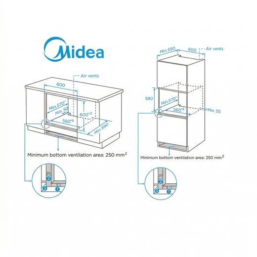 Midea Xpress Fry MBO65M90D2-BK Built In Electric Single Oven - Black - annotation - dimensions shot
